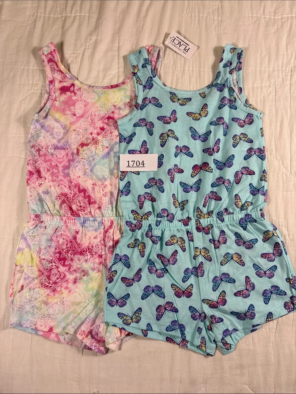 The Children's Place Girls Romper Set 2pk Pink Tie Dye Blue Butterfly Size 5/6 S